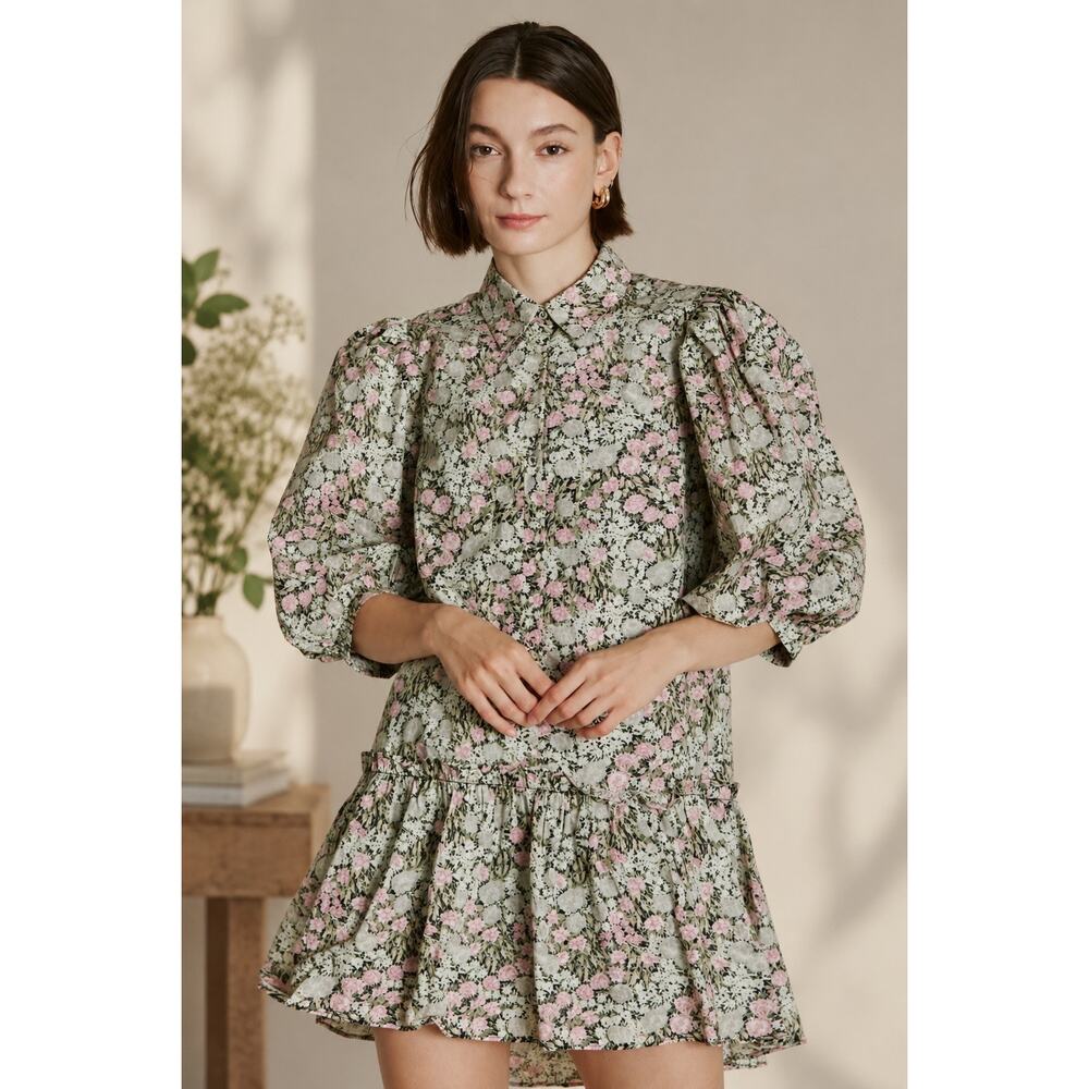 Aureum Floral Puff Sleeve Drop Waist Mini Dress Size S Lined High Low Hem $98